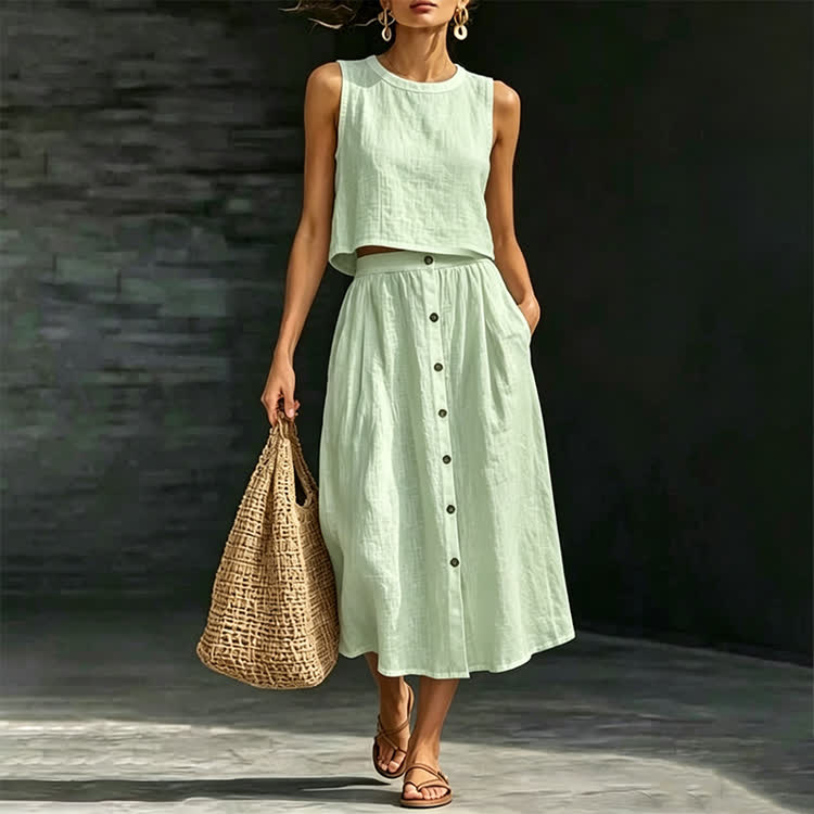 Elegant Solid Small Round Neck Sleeveless Top & Buttons A-line Mid Skirt Set - Light Green - 2XL - image 2
