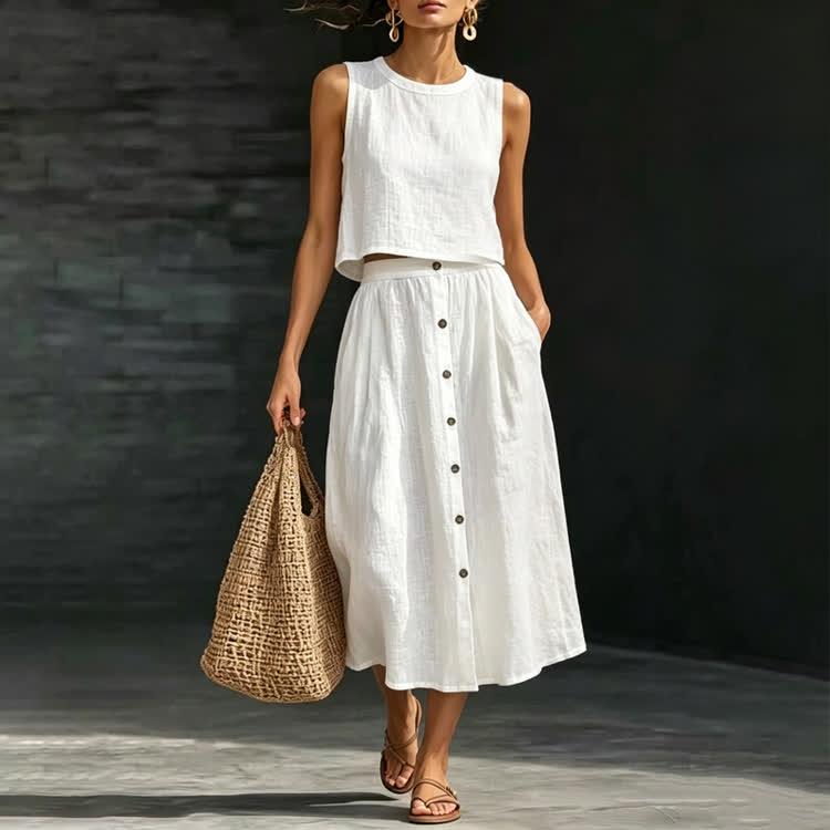 Elegant Solid Small Round Neck Sleeveless Top & Buttons A-line Mid Skirt Set - White - 2XL - image 1