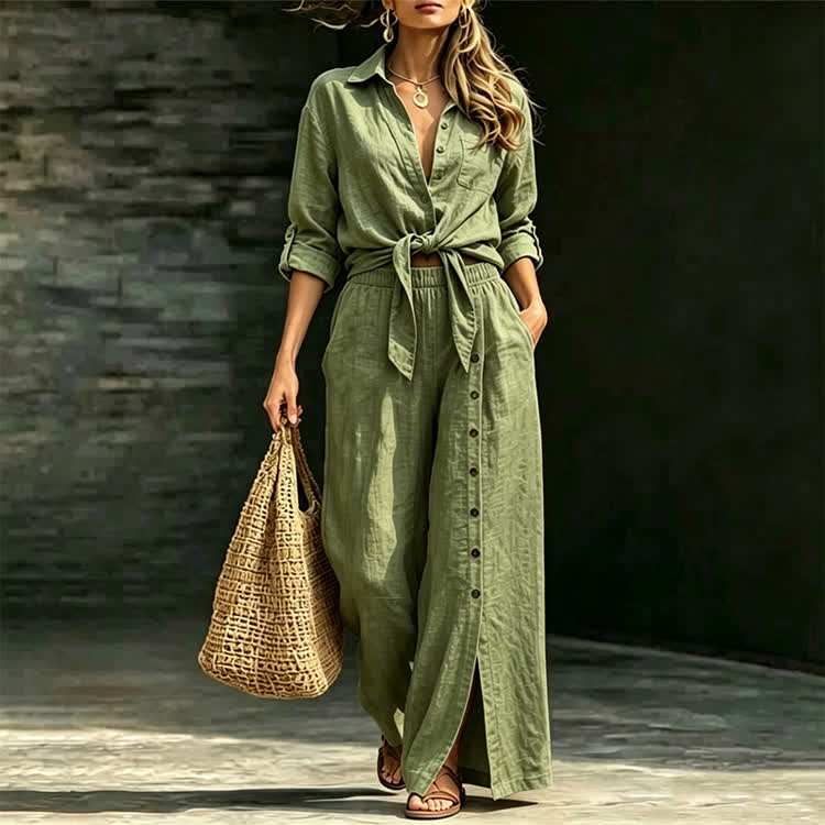 Solid Casual Texture 3/4-sleeve Shirt & Irregular Slit Pants Set - Dark Green - 3XL - image 3