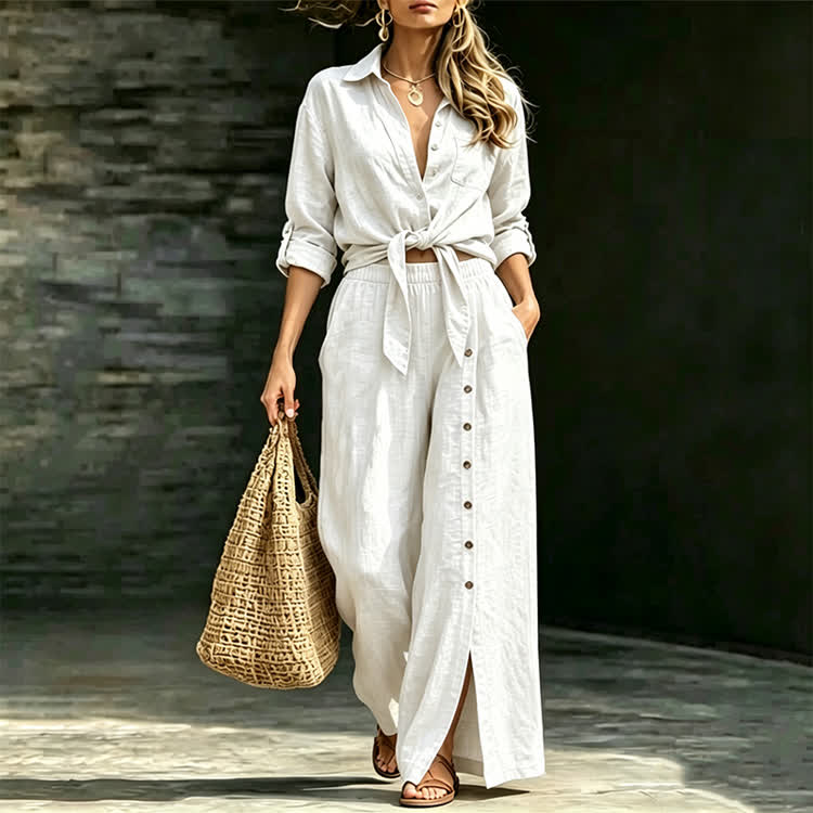 Solid Casual Texture 3/4-sleeve Shirt & Irregular Slit Pants Set - White - 3XL - image 2