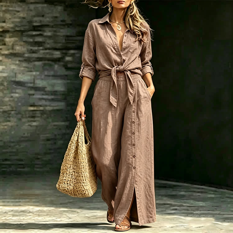 Solid Casual Texture 3/4-sleeve Shirt & Irregular Slit Pants Set - Brown - 3XL - image 1