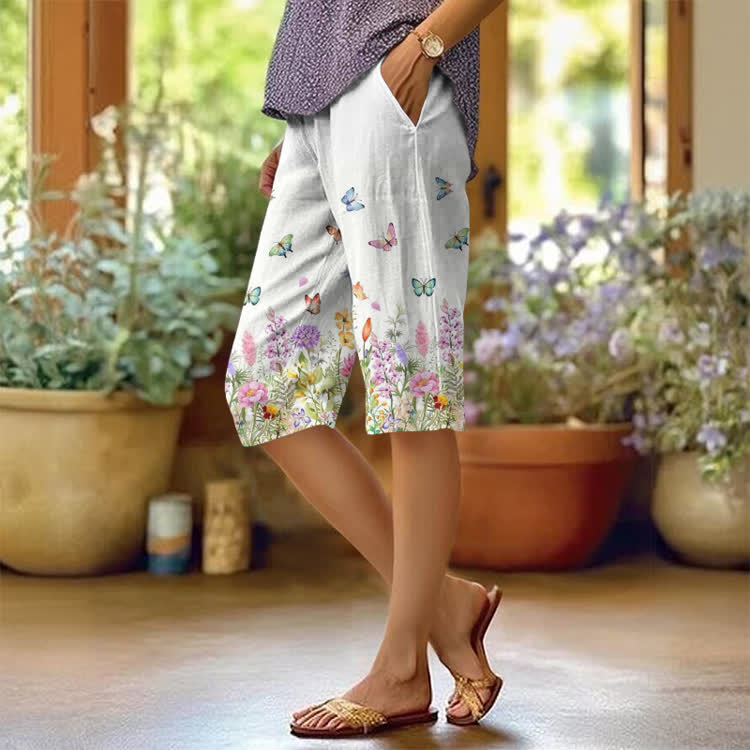 Boho Flower Field And Butterflies Pattern Print Casual Pocket Mid Short Pants  - White - US 24 (4XL) - image 1