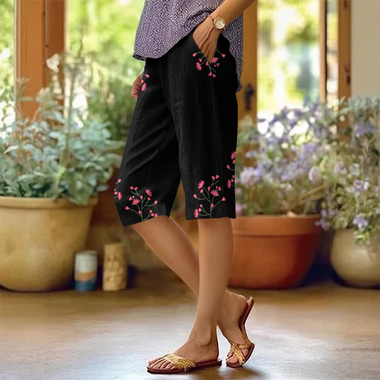 Simple Elegant Wildflowers Pattern Print Casual Pocket Mid Short Pants  - Black - US 24 (4XL) - image 1