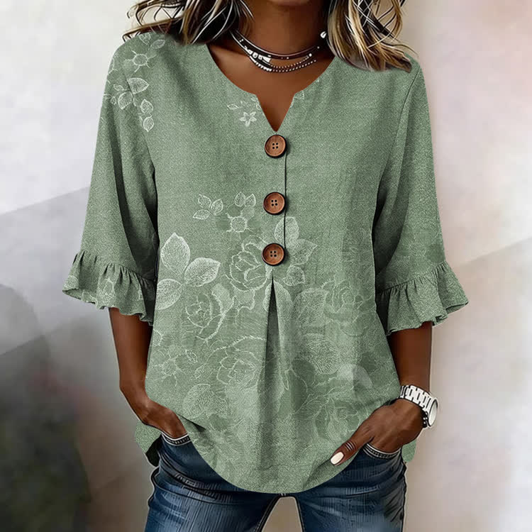 Subtle Floral Texture Pattern Print Button V-Neck Blouse With Ruffle Sleeves - Light Green - US32-34(5XL) - image 2