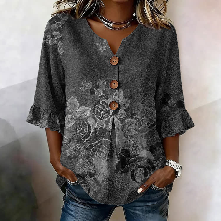Subtle Floral Texture Pattern Print Button V-Neck Blouse With Ruffle Sleeves - Black - US32-34(5XL) - image 1