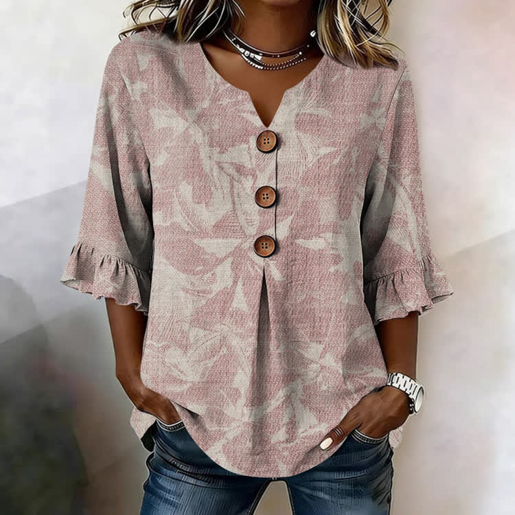 Floral Silhouette Texture Pattern Print Button V-Neck Blouse With Ruffle Sleeves - Pink - US32-34(5XL) - image 2