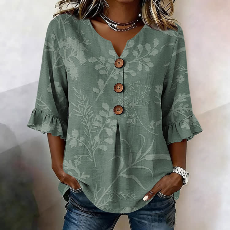 Wild Grass Silhouette Texture Pattern Print Button V-Neck Blouse With Ruffle Sleeves - Light Green - US32-34(5XL) - image 2