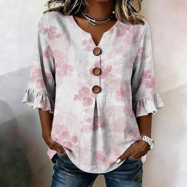 Floral Specimens Texture Pattern Print Button V-Neck Blouse With Ruffle Sleeves - Pink - US32-34(5XL) - image 2