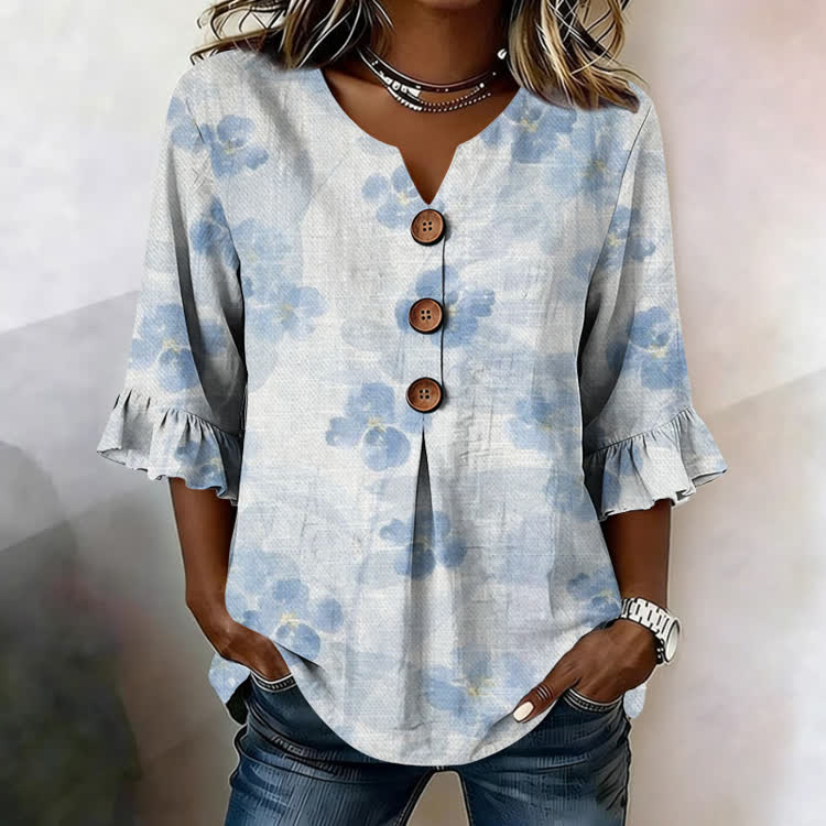 Floral Specimens Texture Pattern Print Button V-Neck Blouse With Ruffle Sleeves - Blue - US32-34(5XL) - image 1