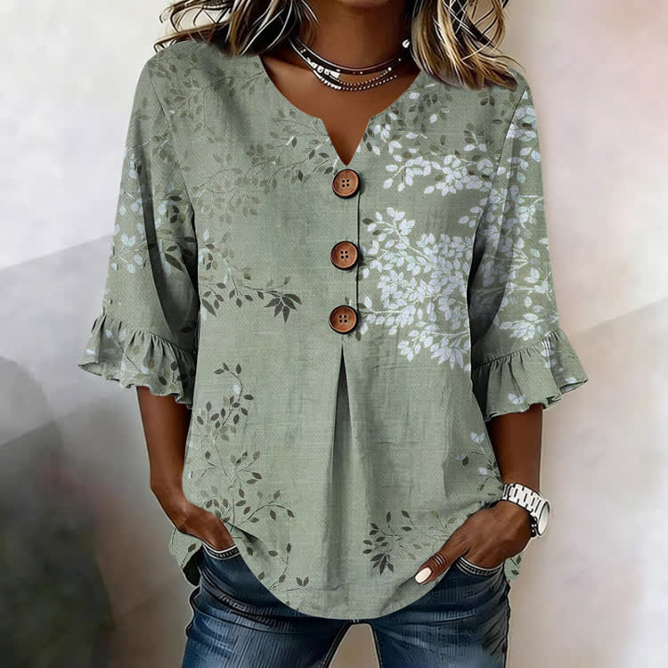 Tree Silhouette Texture Pattern Print Button V-Neck Blouse With Ruffle Sleeves - Light Green - US32-34(5XL) - image 1