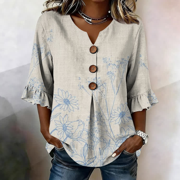 Wildflowers Ballpoint Pen Sketch Texture Pattern Print Button V-Neck Blouse With Ruffle Sleeves - Apricot - US32-34(5XL) - image 2