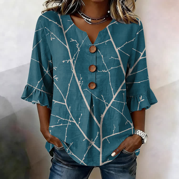 Tree Branch Silhouette Texture Pattern Print Button V-Neck Blouse With Ruffle Sleeves - Blue - US32-34(5XL) - image 2