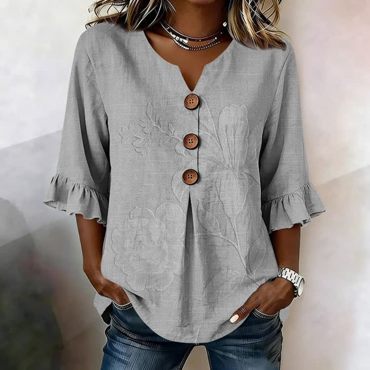 Lily Relief Texture Pattern Print Button V-Neck Blouse With Ruffle Sleeves - Grey - US32-34(5XL) - image 2
