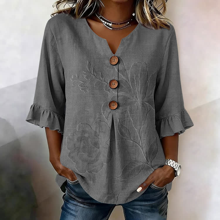 Lily Relief Texture Pattern Print Button V-Neck Blouse With Ruffle Sleeves - Dark Grey - US32-34(5XL) - image 1