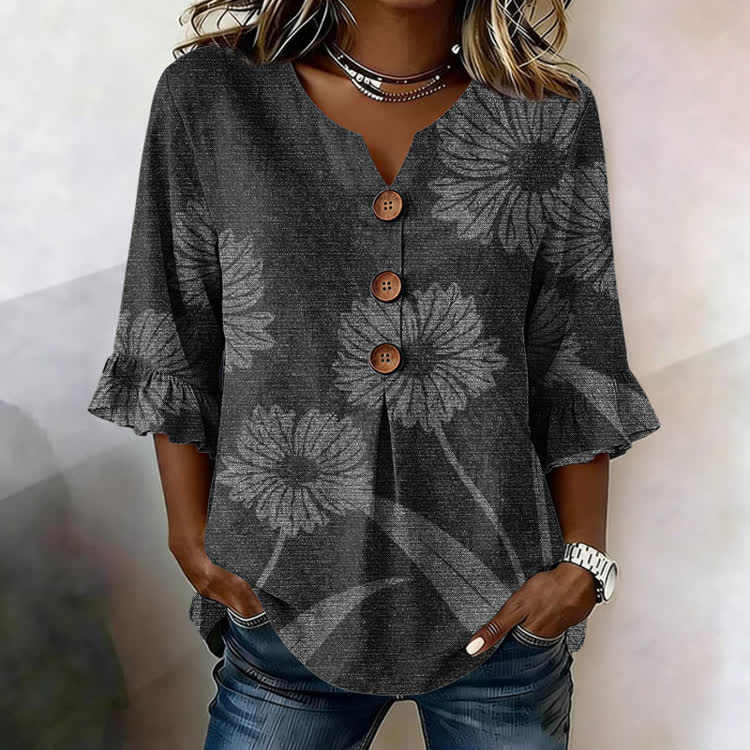 Daisy Stamp Texture Pattern Print Button V-Neck Blouse With Ruffle Sleeves - Black - US32-34(5XL) - image 2