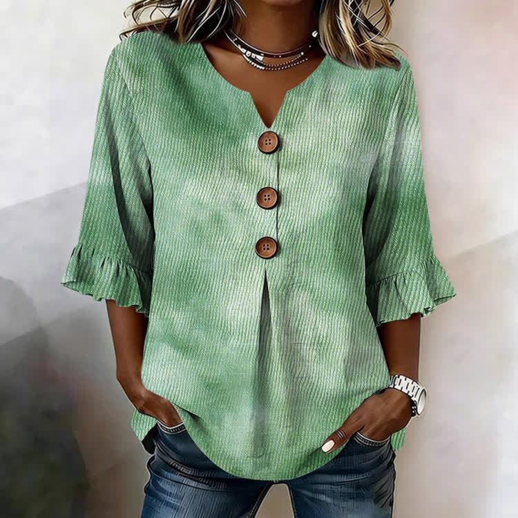 Tie-Dye Gradient Texture Pattern Print Button V-Neck Blouse With Ruffle Sleeves - Green - US32-34(5XL) - image 2