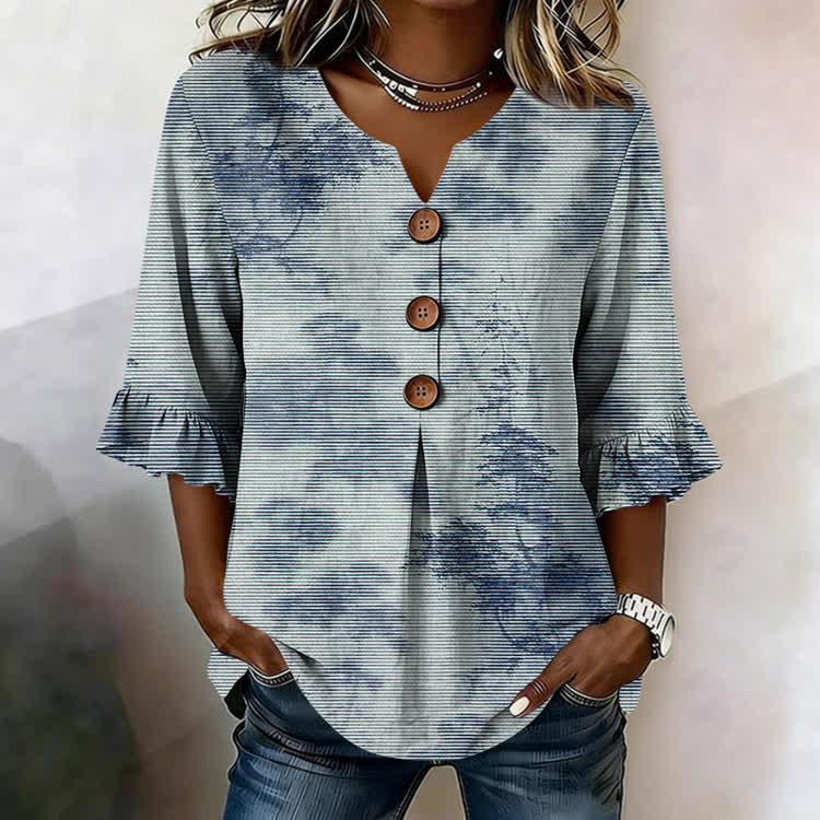 Mist-Shrouded Mountain Forests Texture Pattern Print Button V-Neck Blouse With Ruffle Sleeves - Blue - US32-34(5XL) - image 1