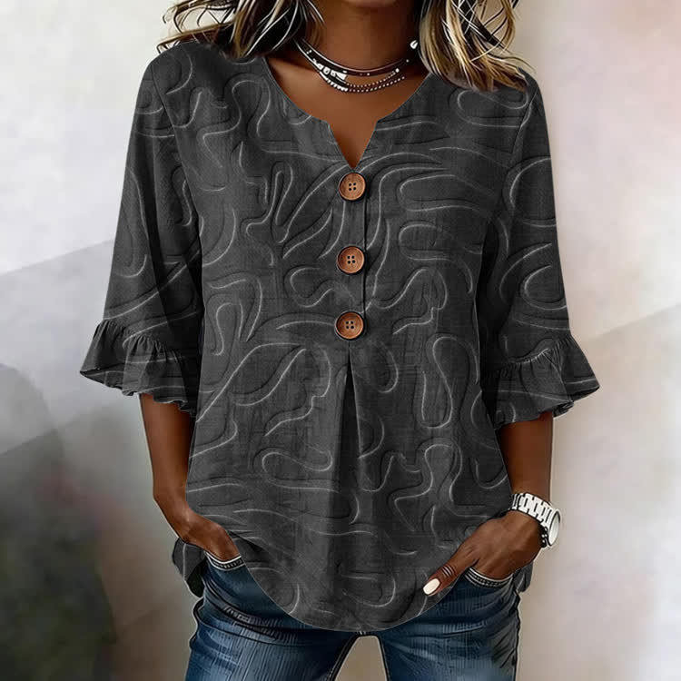 Linear Relief Texture Pattern Print Button V-Neck Blouse With Ruffle Sleeves - Black - US32-34(5XL) - image 2