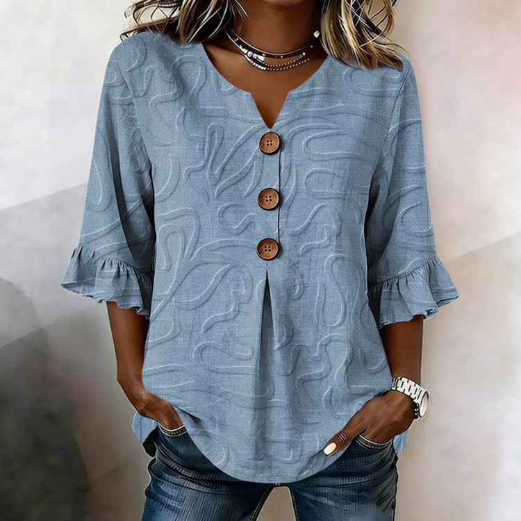 Linear Relief Texture Pattern Print Button V-Neck Blouse With Ruffle Sleeves - Blue - US32-34(5XL) - image 1