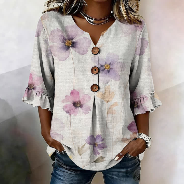 Gentle Florals  Texture Pattern Print Button V-Neck Blouse With Ruffle Sleeves - Pink - US32-34(5XL) - image 1