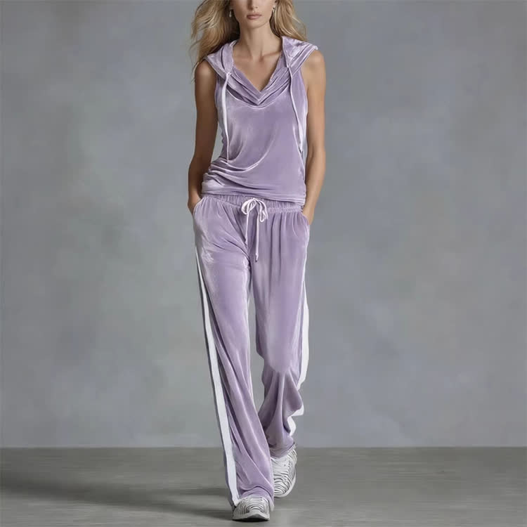 Solid Velvet Striped Paneling Drawstring Hood Sleeveless Top & Pants - Light Purple - 2XL - image 2