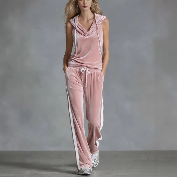Solid Velvet Striped Paneling Drawstring Hood Sleeveless Top & Pants - Pink - 2XL - image 1