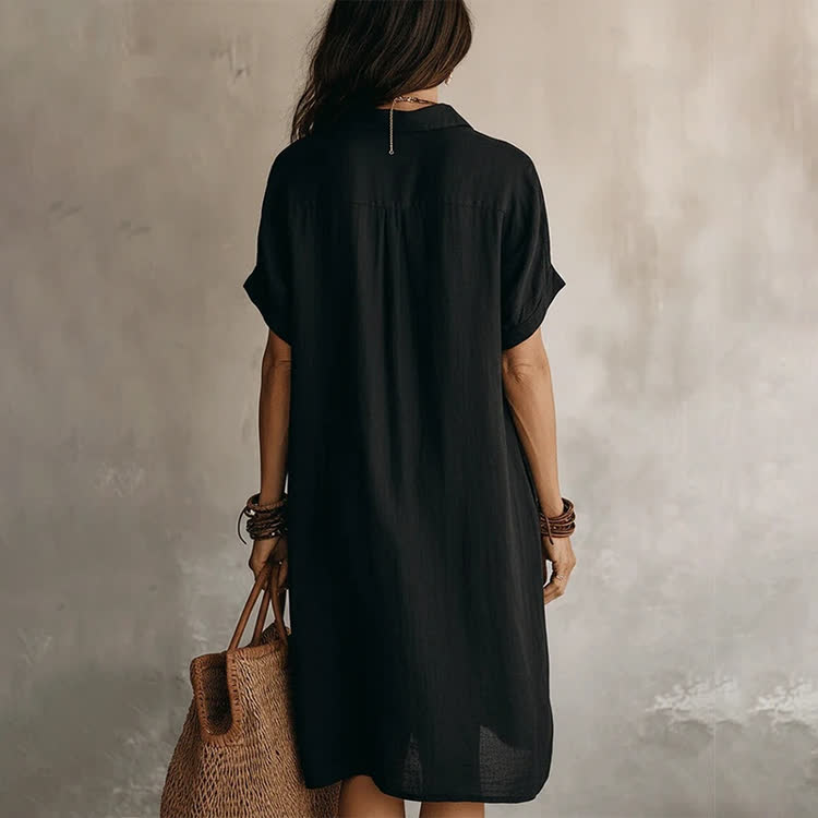 Solid Texture Lapel Short-sleevebutton-front Shirt Midi Dress - image 12