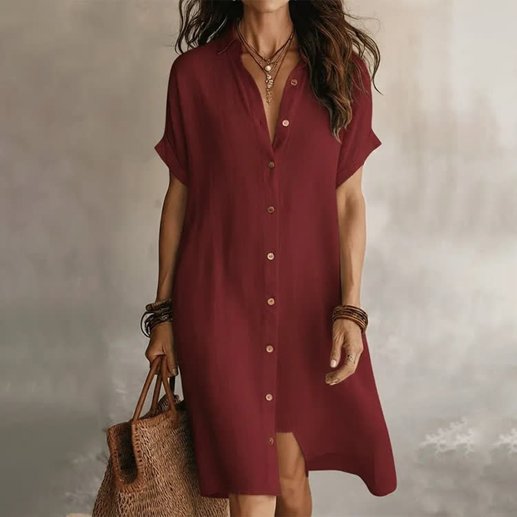 Solid Texture Lapel Short-sleevebutton-front Shirt Midi Dress - Wine - 2XL - image 4