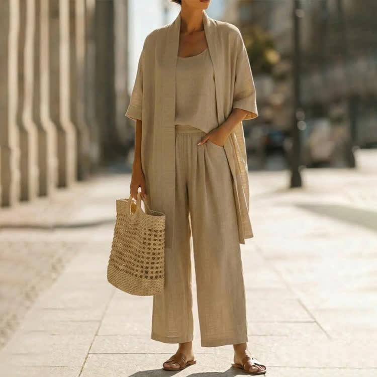 Cozy Solid Texture Top& Pants & Kimono Cardigan 3-piece Set - Camel - 2XL - image 2