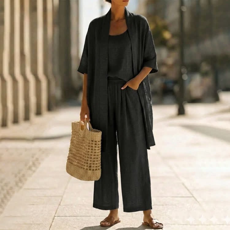 Cozy Solid Texture Top& Pants & Kimono Cardigan 3-piece Set - Black - 2XL - image 3
