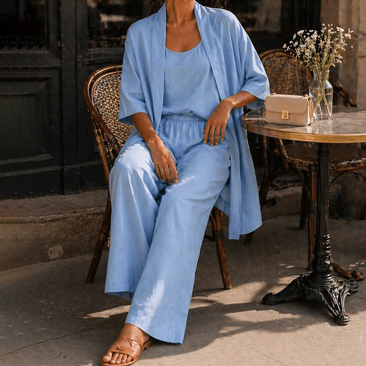 Cozy Solid Texture Top& Pants & Kimono Cardigan 3-piece Set - image 1
