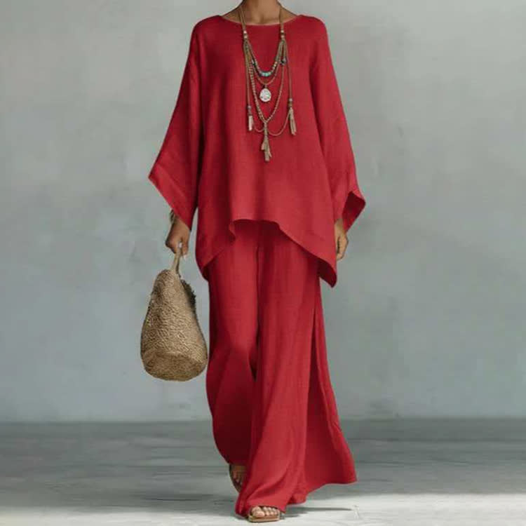 Solid Casual Texture 3/4 Batwing Sleeve Shirt & Wide-leg Pants Set - Red - 3XL - image 12