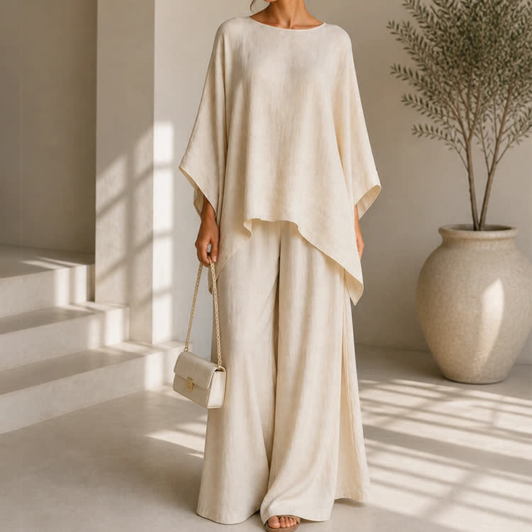 Solid Casual Texture 3/4 Batwing Sleeve Shirt & Wide-leg Pants Set - image 2