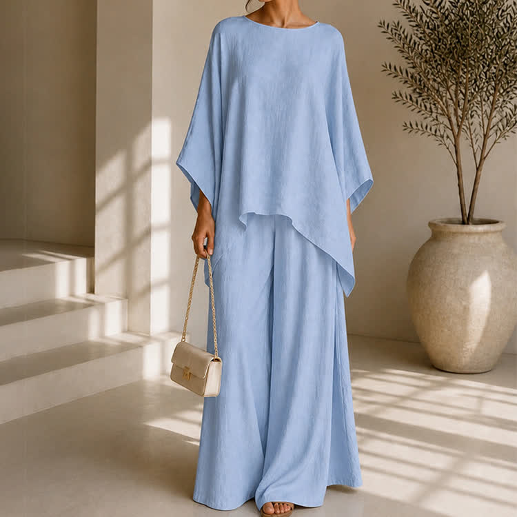 Solid Casual Texture 3/4 Batwing Sleeve Shirt & Wide-leg Pants Set - image 1