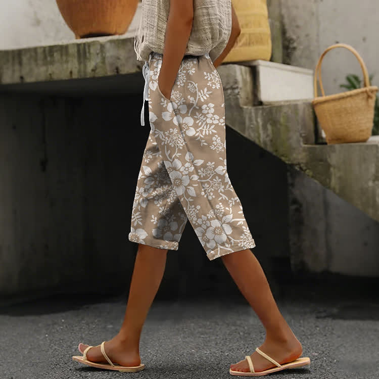 Minimalist Neutral Tone Floral Pattern Print Casual pocket Mid Short Pants  - Apricot - US 24 (4XL) - image 1