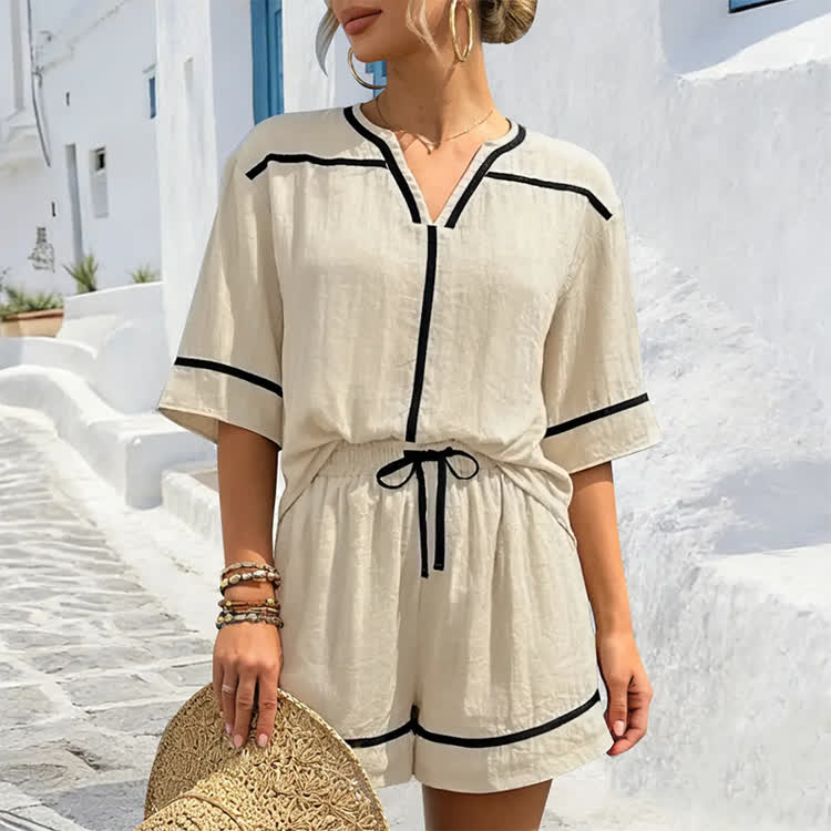 Solid Color-block Stripes Texture 3/4-sleeve Blouse & Wide-leg Short Set - image 6