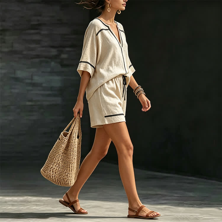 Solid Color-block Stripes Texture 3/4-sleeve Blouse & Wide-leg Short Set - image 2