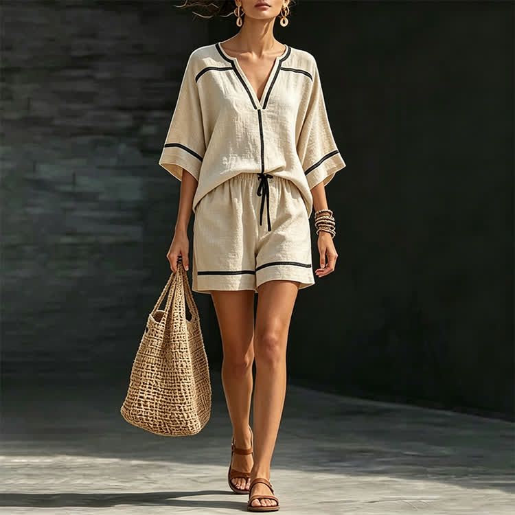 Solid Color-block Stripes Texture 3/4-sleeve Blouse & Wide-leg Short Set - Apricot - 3XL - image 1