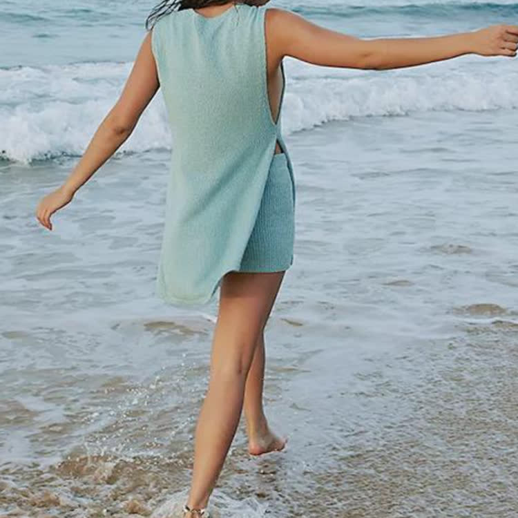 Solid Sleeveless Knit Sweater High Side Slit Top & Short 2 Piece Set - image 2