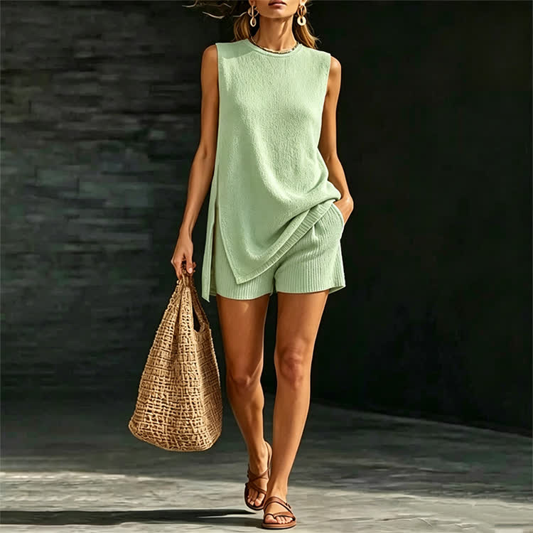 Solid Sleeveless Knit Sweater High Side Slit Top & Short 2 Piece Set - Light Green - 3XL - image 4
