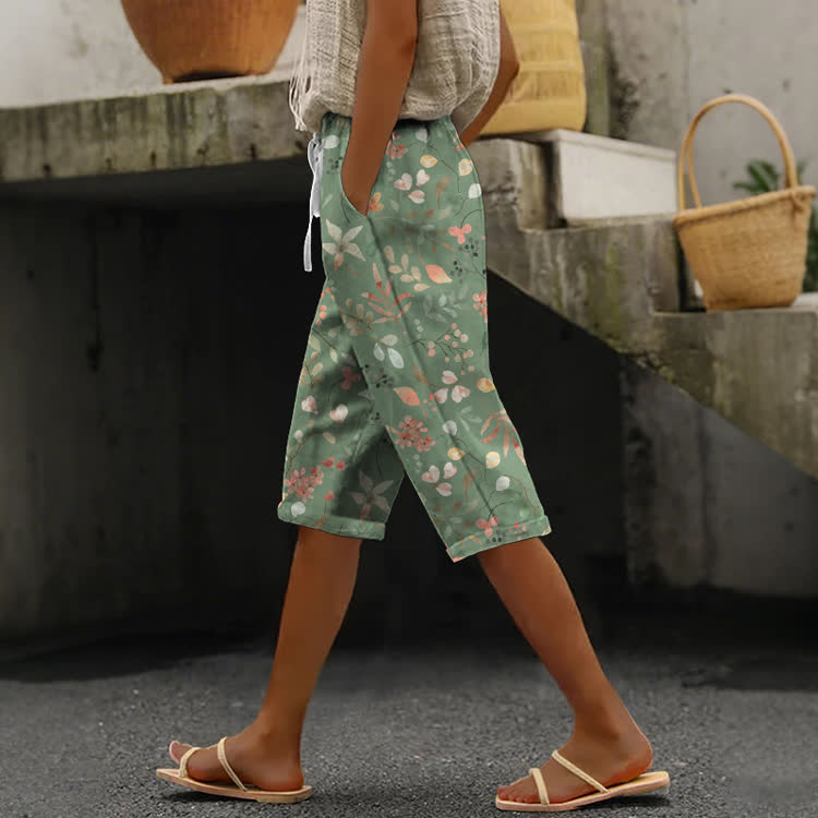 Watercolor Floral Pattern Print Casual pocket Mid Short Pants  - Green - US 24 (4XL) - image 1