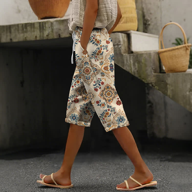 Boho Floral Medallion Pattern Print Casual pocket Mid Short Pants  - Apricot - US 24 (4XL) - image 1