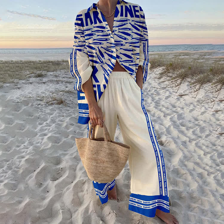 Beach-vacation Sardines Long Sleeve Loose Shirt & Pocket Wide-leg Pants Set - Blue - US 22 (4XL) - image 2