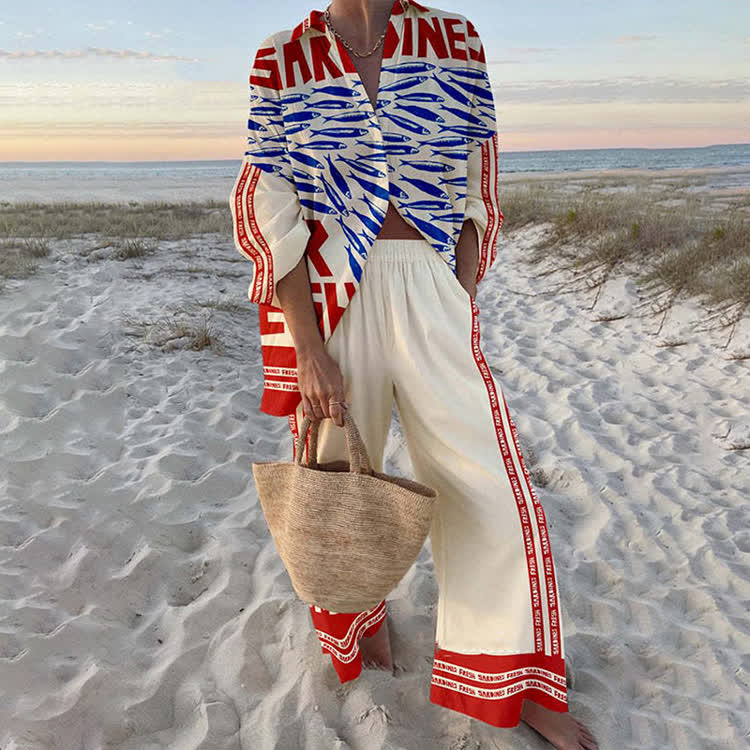 Beach-vacation Sardines Long Sleeve Loose Shirt & Pocket Wide-leg Pants Set - Red - US 22 (4XL) - image 1