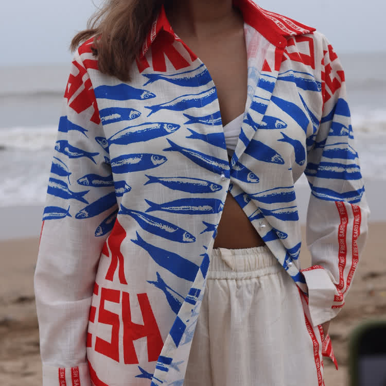 Beach-vacation Sardines Long Sleeve Loose Shirt & Pocket Wide-leg Pants Set - image 4