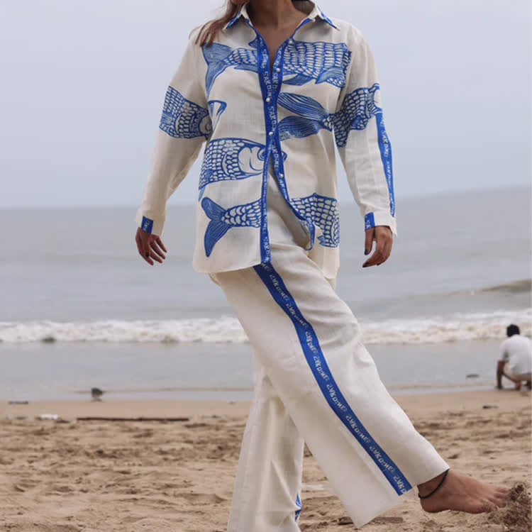 Beach-vacation Sardine Sketch Long Sleeve Loose Shirt & Pocket Wide-leg Pants Set - image 3