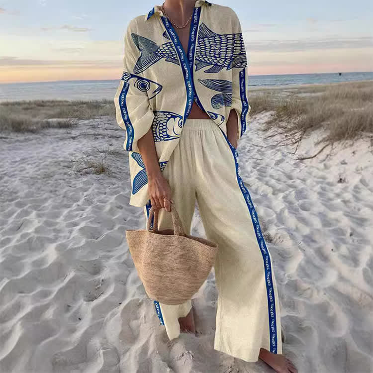 Beach-vacation Sardine Sketch Long Sleeve Loose Shirt & Pocket Wide-leg Pants Set - Blue - US 22 (4XL) - image 1