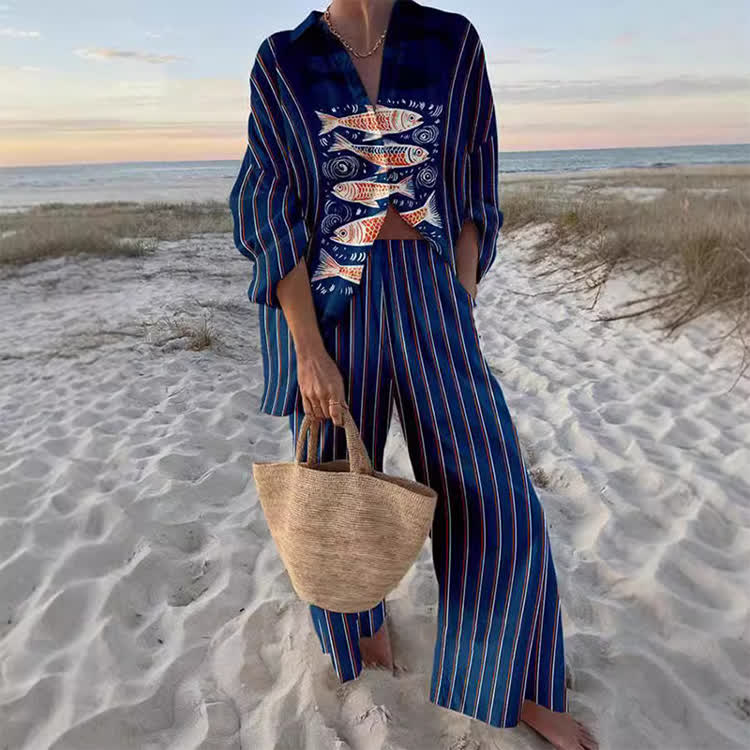 Beach-vacation Striped Sardine Long Sleeve Loose Shirt & Pocket Wide-leg Pants Set - Dark Blue - US 22 (4XL) - image 1