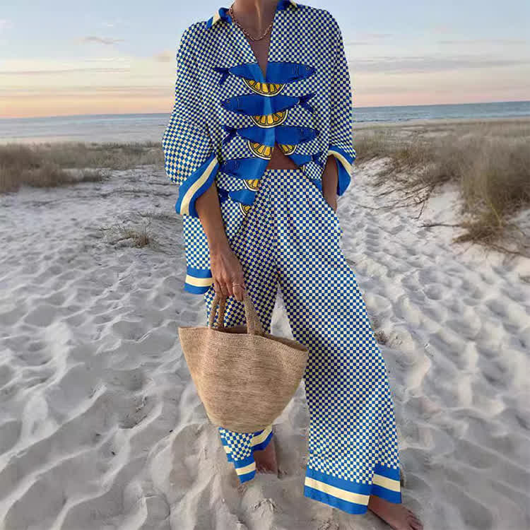 Beach Lemon Sardines Long Sleeve Loose Shirt & Pocket Wide-leg Pants Set - Dark Blue - US 22 (4XL) - image 1