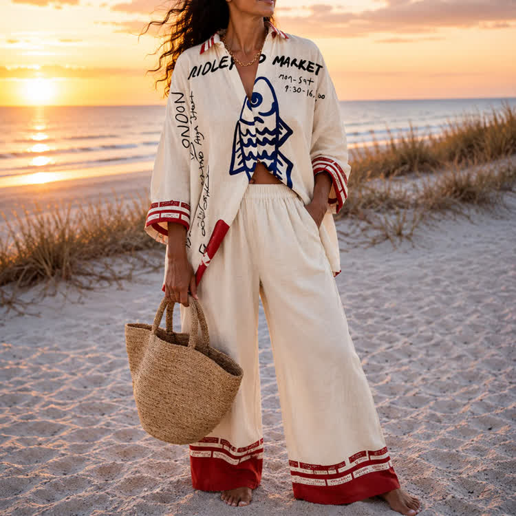 Beach Sardine Graffiti Long Sleeve Loose Shirt & Pocket Wide-leg Pants Set - image 2